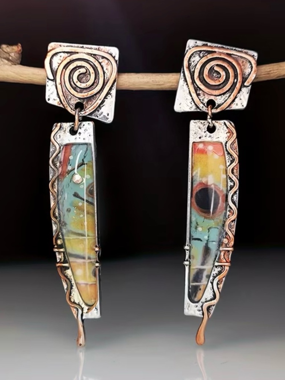 Artisan Multicolor Enamel & Mixed Metal Dangle Earrings